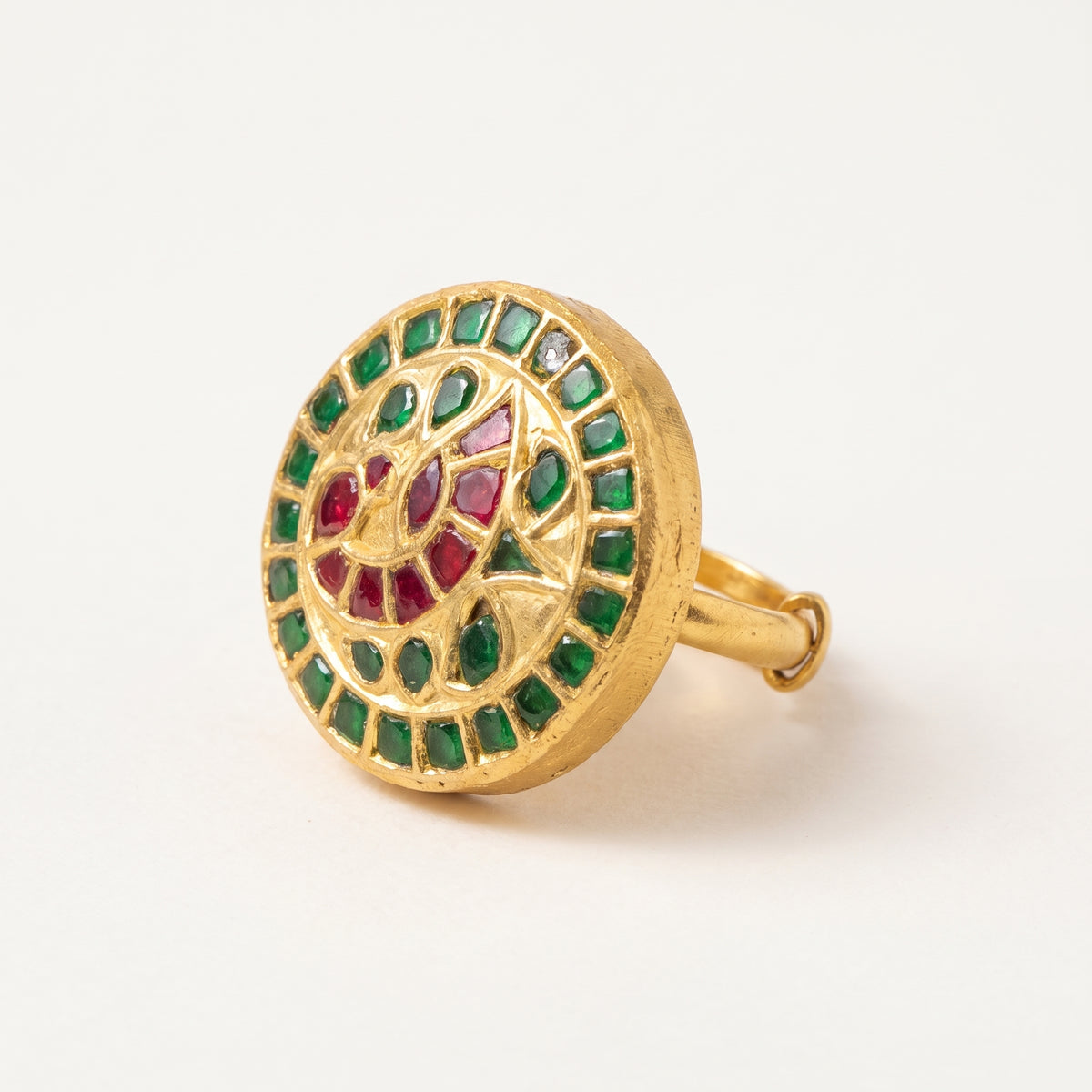 Handcrafted 22kt Gold Peacock Adjustable Ring with Certified Syndicate Polki in Peacock Motif Thapa Work