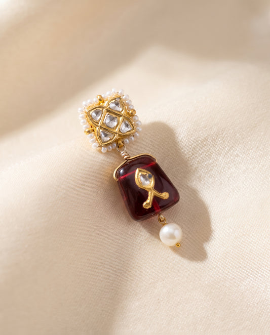 Handcrafted 22kt Gold Chowfully Stone Drop Earrings with Certified Syndicate Polki and Semi Precious Stones in Floral Cluster Thapa Work