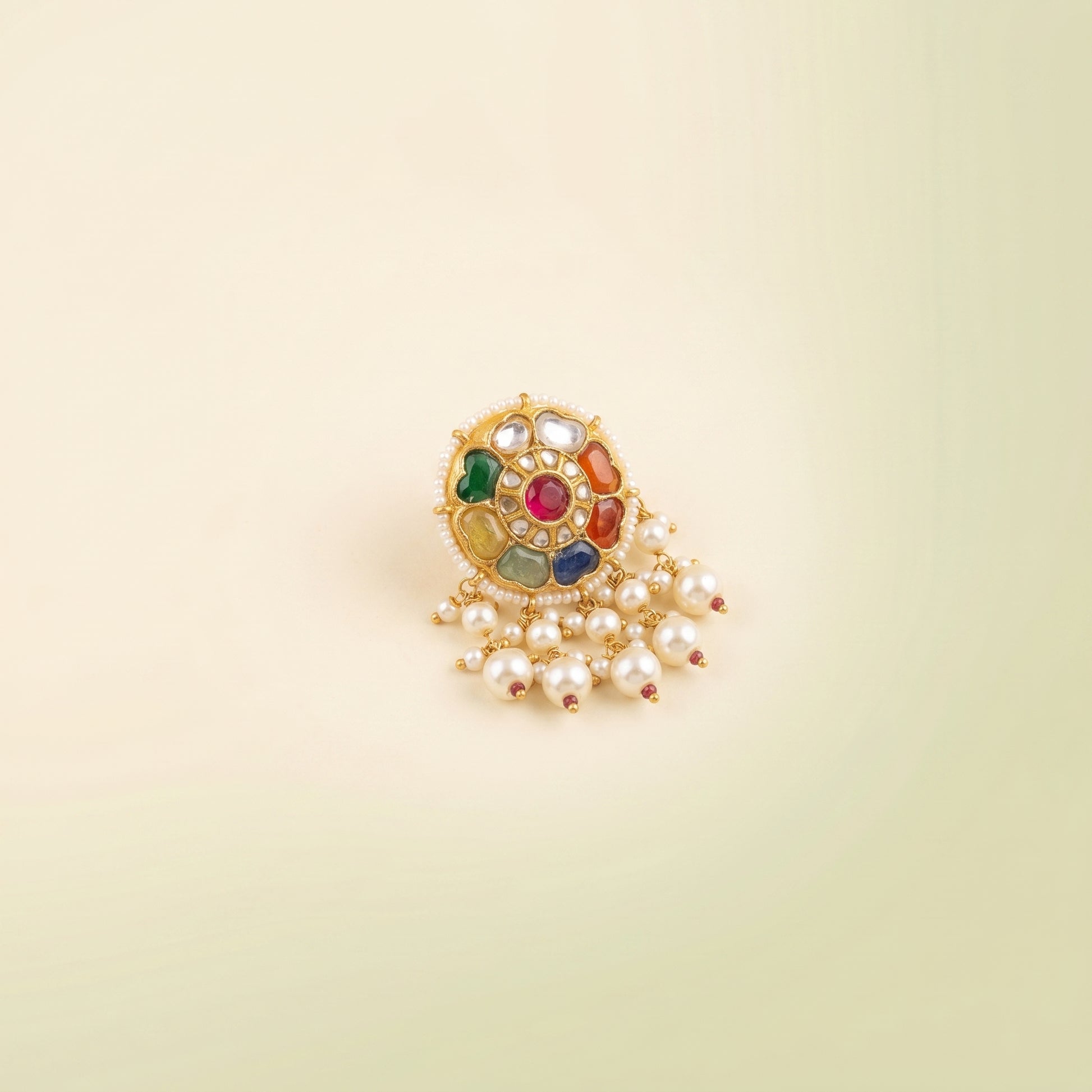 Handcrafted 22kt Gold Big Navratan Studs with 4 Carat Certified Syndicate Polki and Multi-Colour Semi Precious Stones in Thapa Work