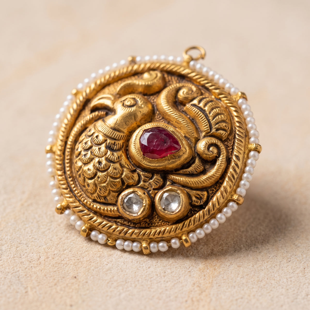 Handcrafted 22kt Gold Peacock Antique Pendant with Certified Syndicate Polki in Antique Finish Peacock Motif Thapa Work