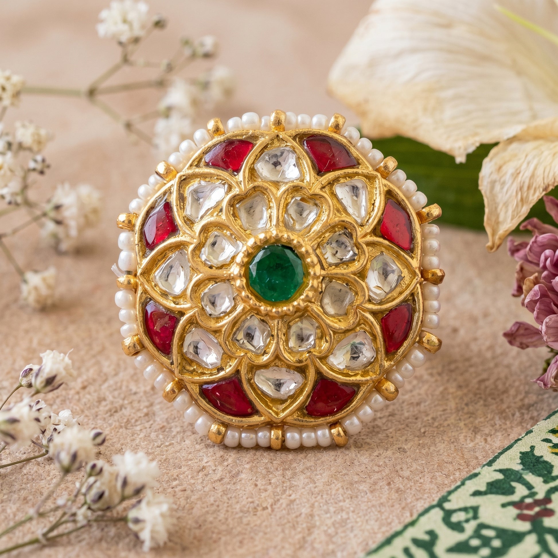 Handcrafted 22kt Gold Radial Ring with Kundan Set Certified Syndicate Polki in Sunburst Thapa Work