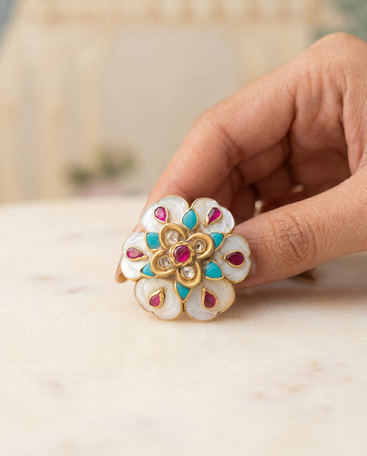 Jharoka Flower stone turquoise cocktail ring | Vama Gears