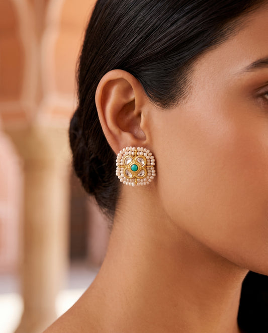 Handcrafted 22kt Gold Feroza Double Pearl Studs with Certified Syndicate Polki Turquoise Feroza and Two Pearls in Thapa Work