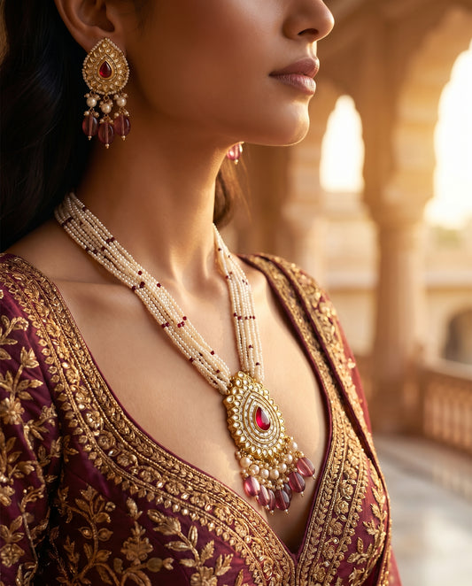 Jharoka Diamond shape ruby pendant set | Vama Gears