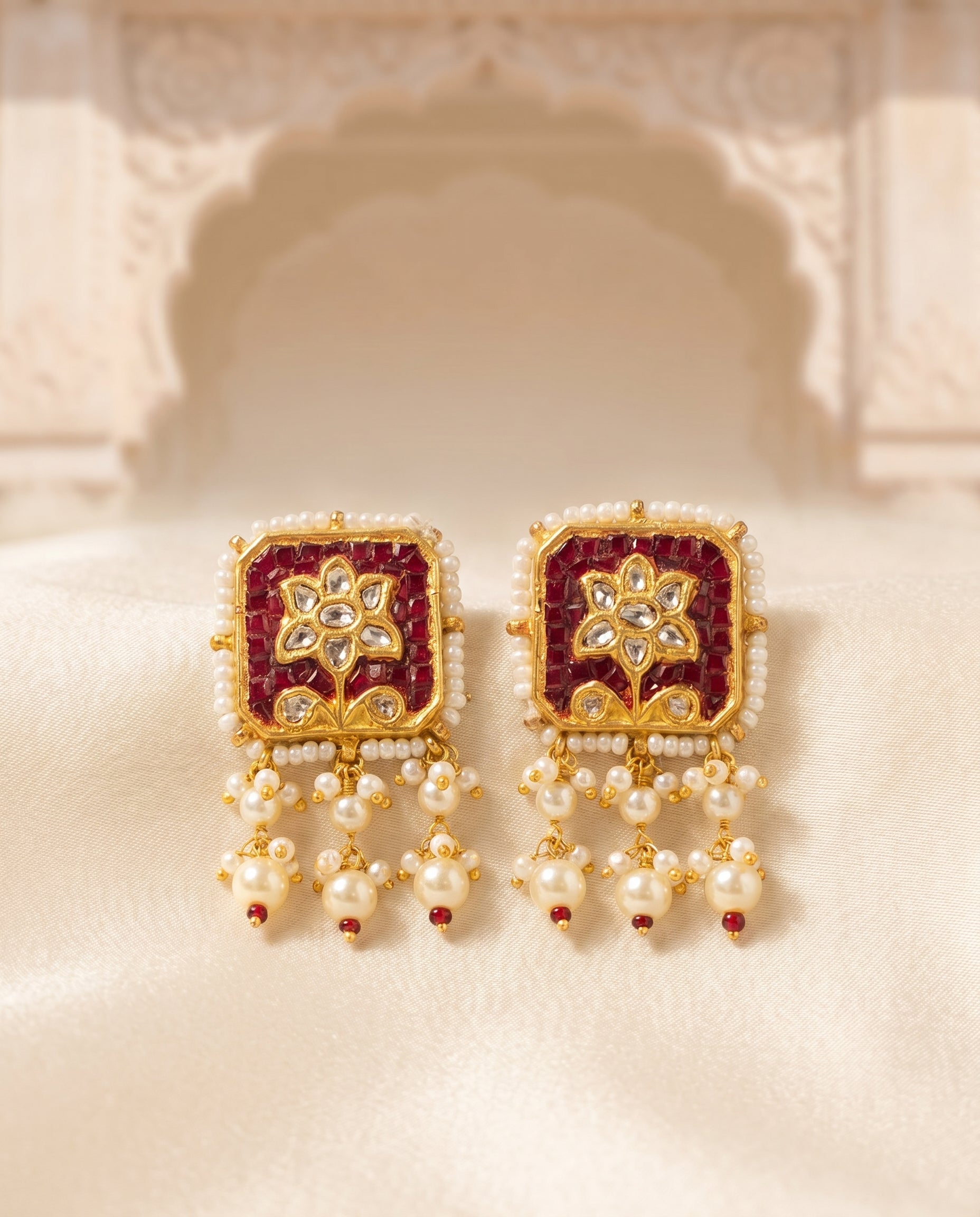 Jharoka Red square flower earrings | Vama Gears