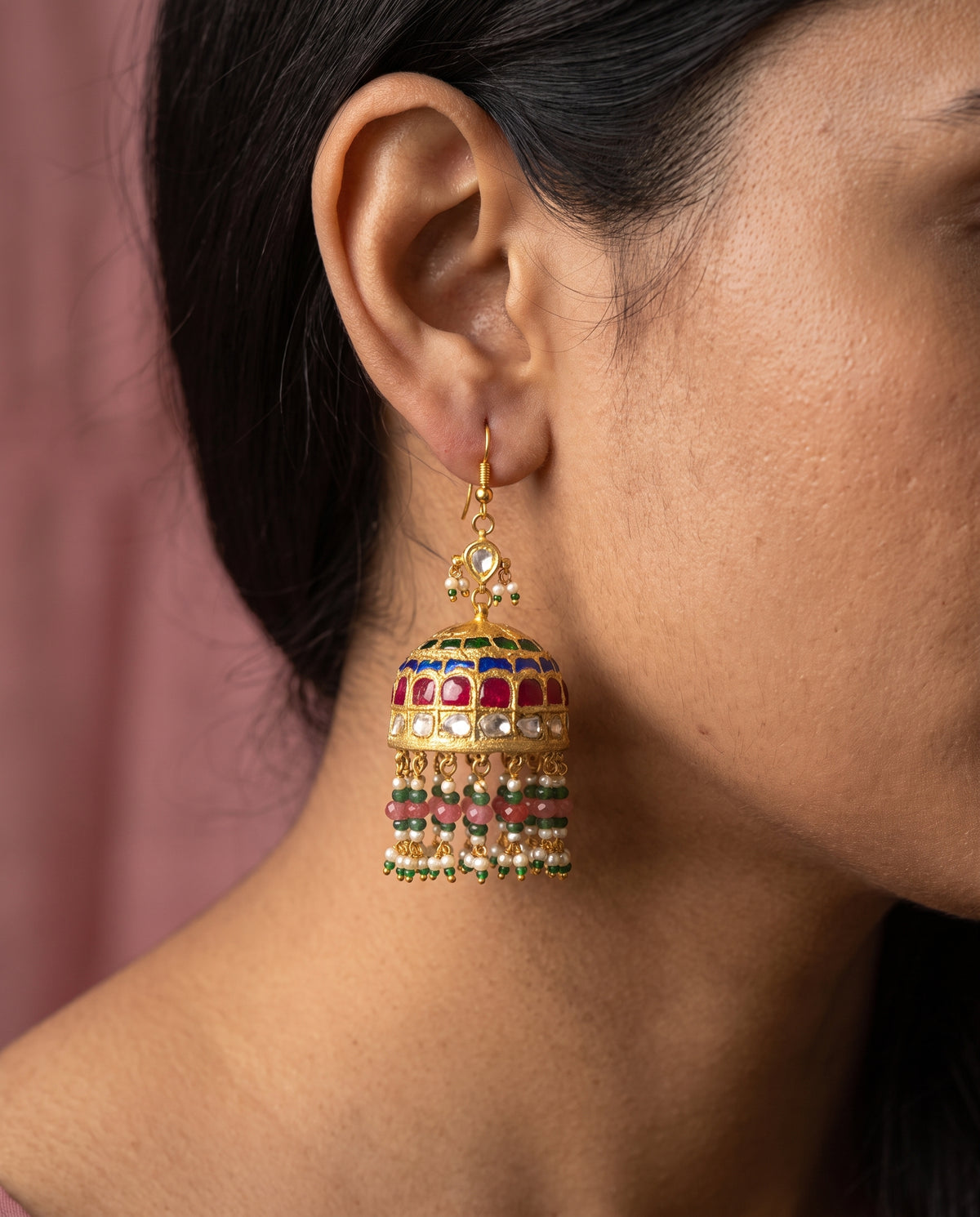 Handcrafted 22kt Gold Multicolour Fishhook Jhumki with 3 Carat Certified Syndicate Polki and Multi-Colour Semi Precious Stones in Thapa Work