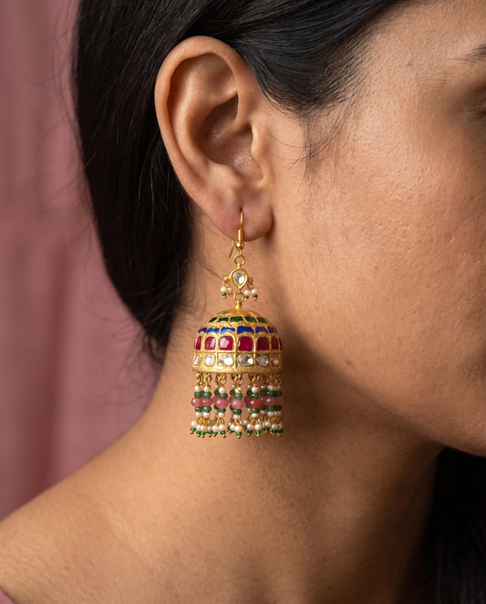 Handcrafted 22kt Gold Multicolour Fishhook Jhumki with 3 Carat Certified Syndicate Polki and Multi-Colour Semi Precious Stones in Thapa Work