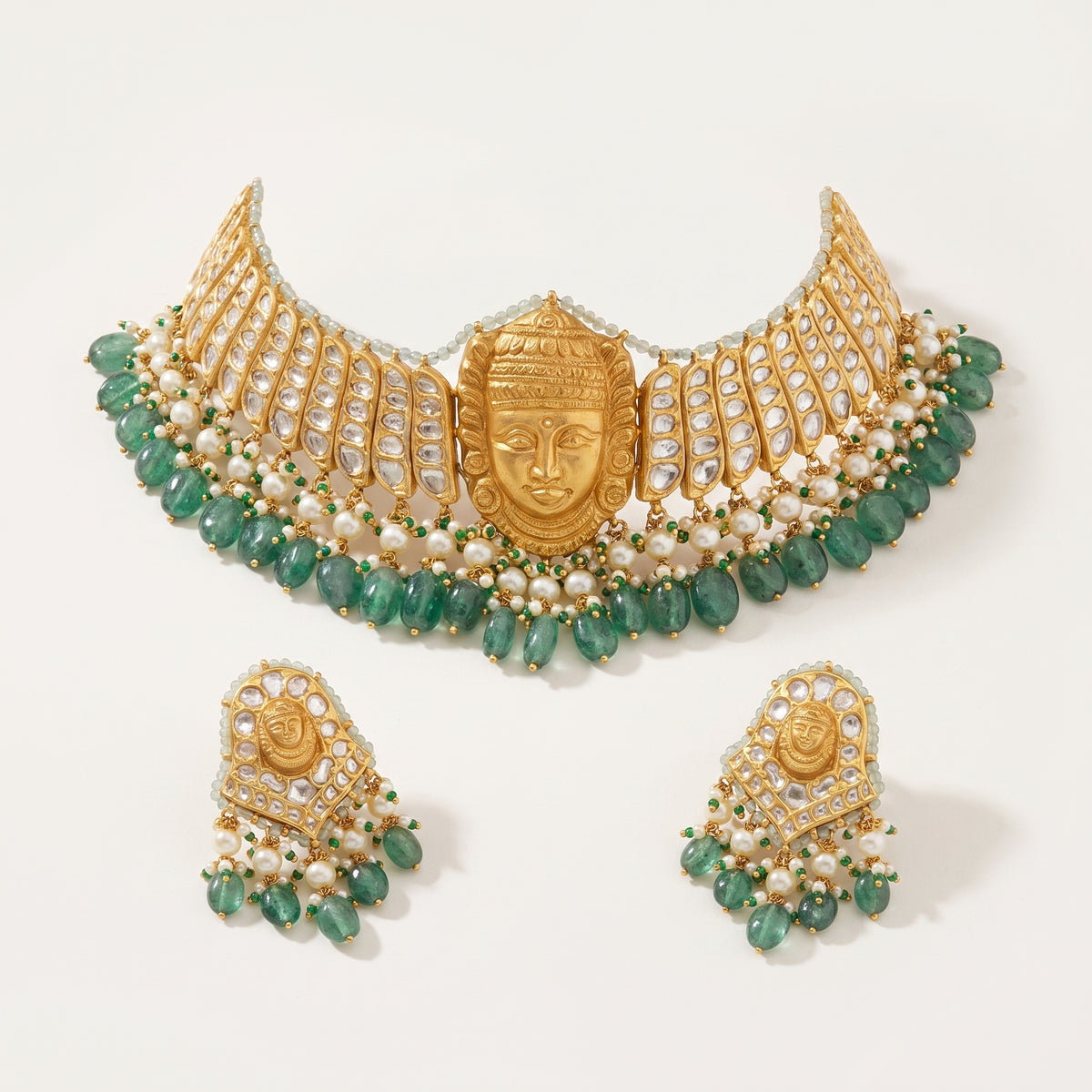 Handcrafted 22kt Gold Temple Choker Set with 10 Carat Certified Syndicate Polki in Temple Motif Thapa Work