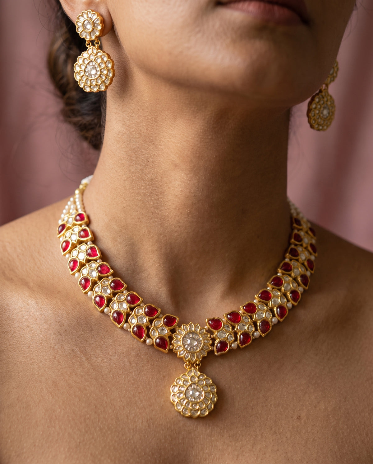 Handcrafted 22kt Gold Ruby Red Butterfly Necklace Set with 16 Carat Certified Syndicate Polki and Ruby Red Semi Precious Stones in Butterfly Motif Thapa Work