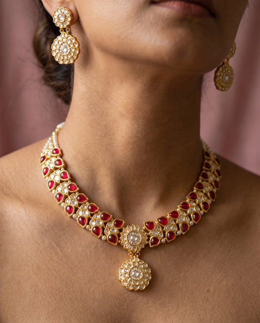 Handcrafted 22kt Gold Ruby Red Butterfly Necklace Set with 16 Carat Certified Syndicate Polki and Ruby Red Semi Precious Stones in Butterfly Motif Thapa Work