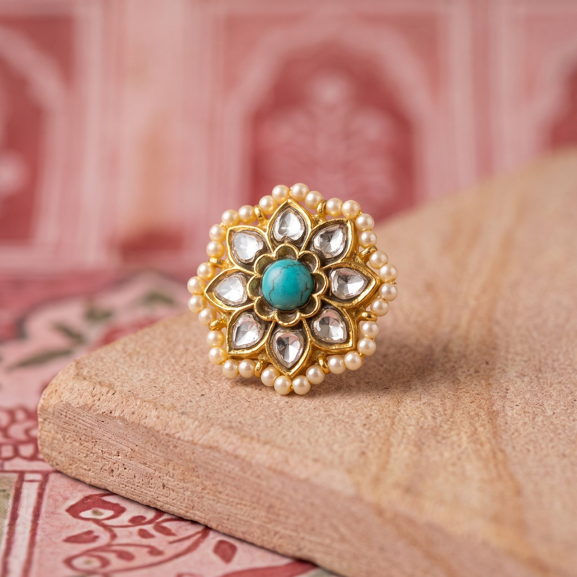 Handcrafted 22kt Gold Star Feroza Studs with 3 Carat Certified Syndicate Polki and Turquoise Feroza Stones in Thapa Work