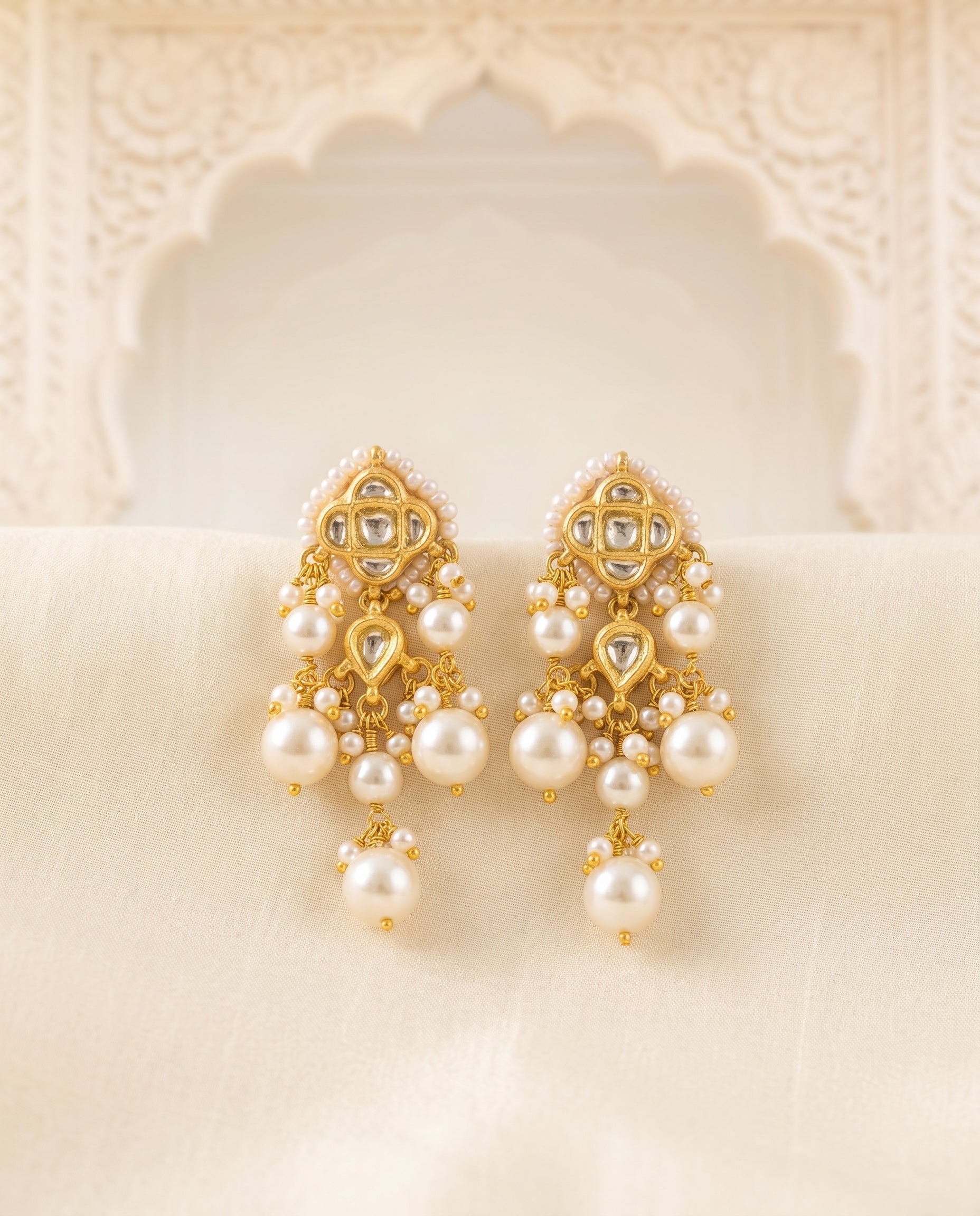 Handcrafted 22kt Gold White Chowfully Earrings with Certified Syndicate Polki and White Semi Precious Stones in Floral Cluster Thapa Work