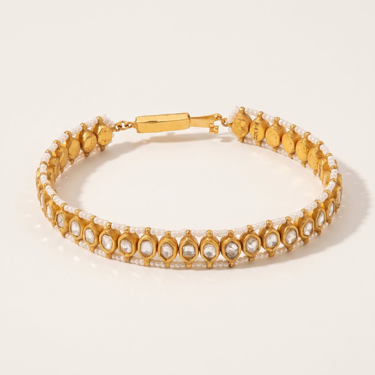 Handcrafted 22kt Gold Single Line Kilvas Bracelet with 3.5 Carat Certified Syndicate Polki in Thapa Work