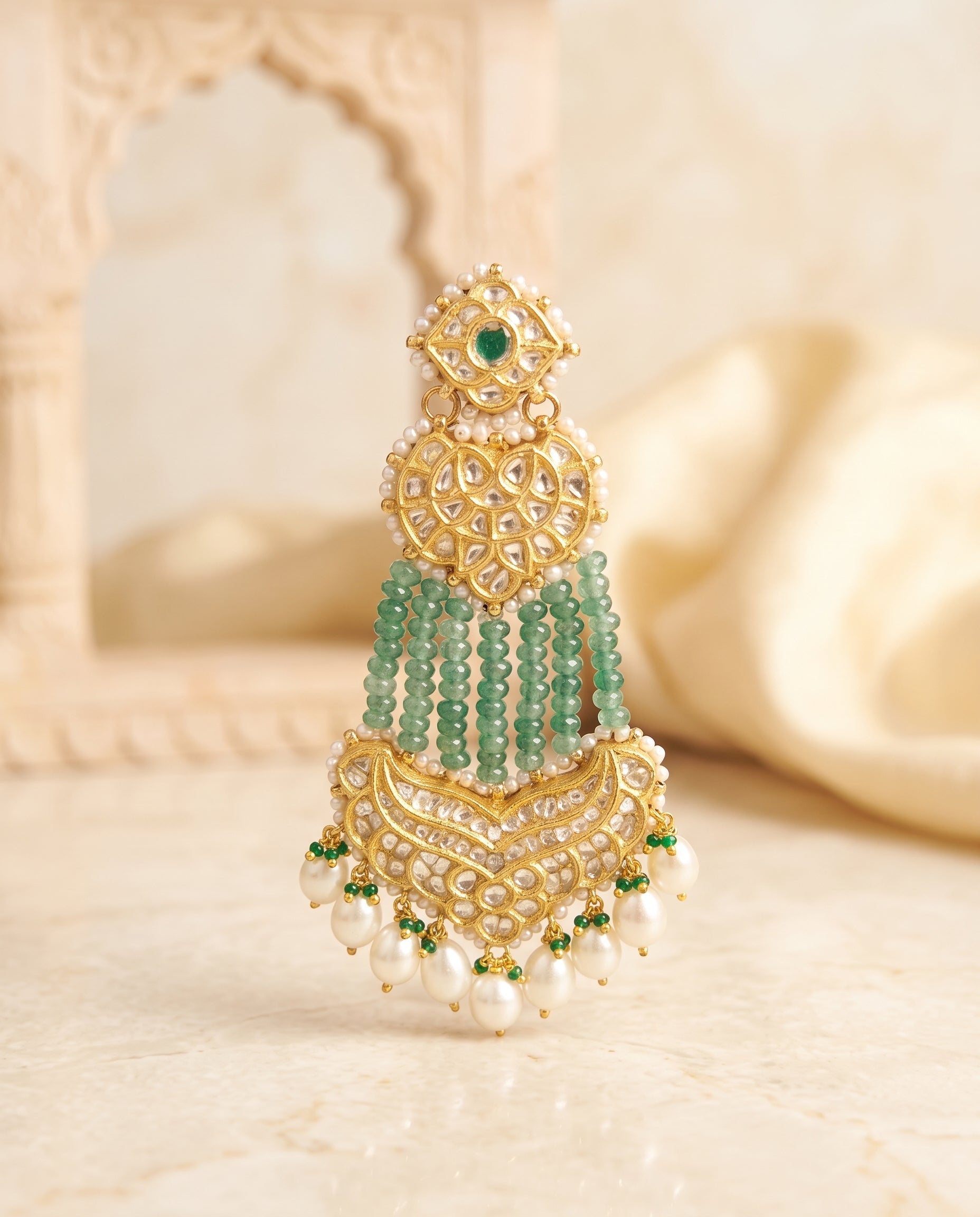 Handcrafted 22kt Gold Three Layer Chandbali Earrings with 5 Carat Certified Syndicate Polki and Green Bead Drops in Cascading Crescent Thapa Work