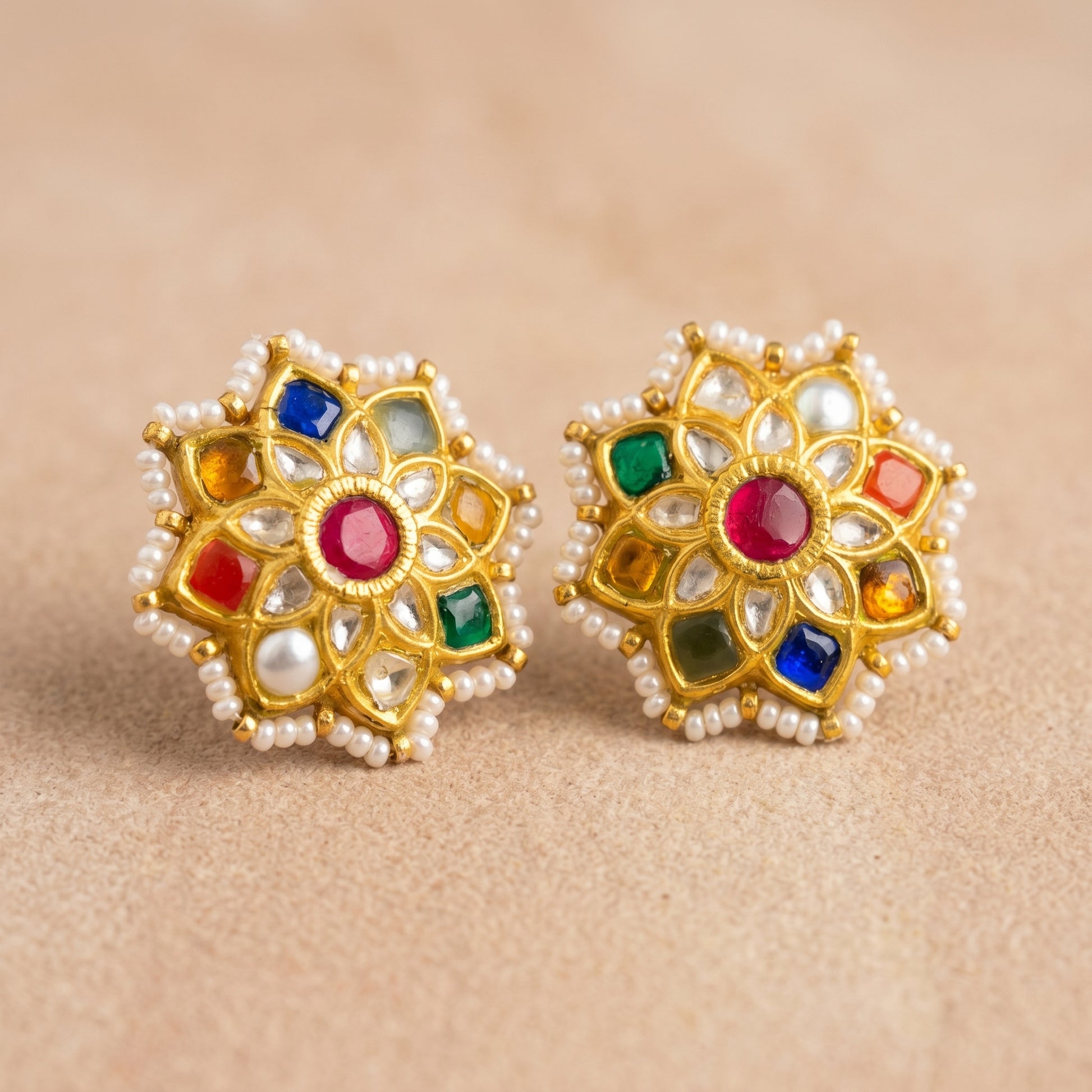 Handcrafted 22kt Gold Navratan Star Studs with 2 Carat Certified Syndicate Polki and Multi-Colour Semi Precious Stones in Thapa Work