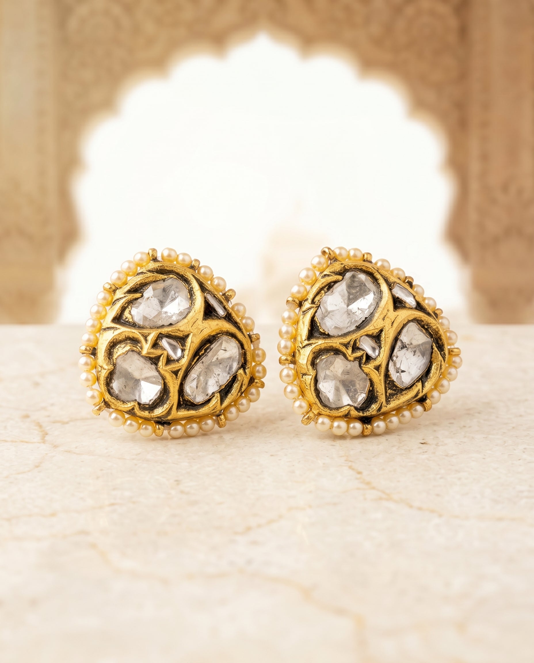 Handcrafted 22kt Gold Triangle Studs with 3 Carat Certified Syndicate Polki in Geometric Thapa Work