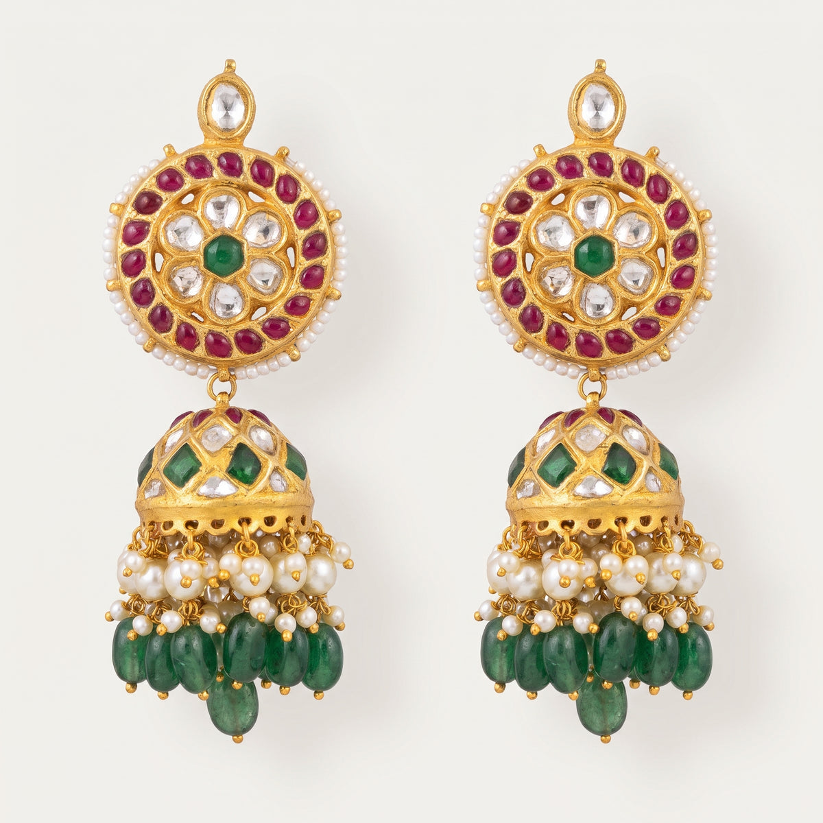 Handcrafted 22kt Gold Bottumala Jhumka with 3 Carat Certified Syndicate Polki in Traditional Jhumki Thapa Work