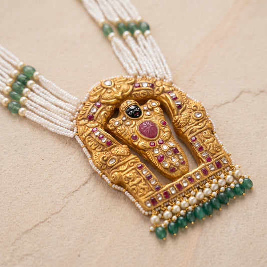 Handcrafted 22kt Gold Balaji Pendant with 4 Carat Certified Syndicate Polki in Devotional Thapa Work