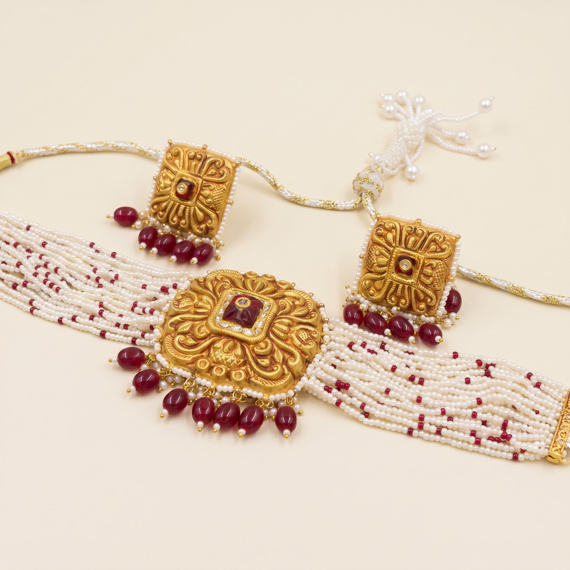Handcrafted 22kt Gold Square Temple Choker Set with 2 Carat Certified Syndicate Polki in Temple Motif Thapa Work