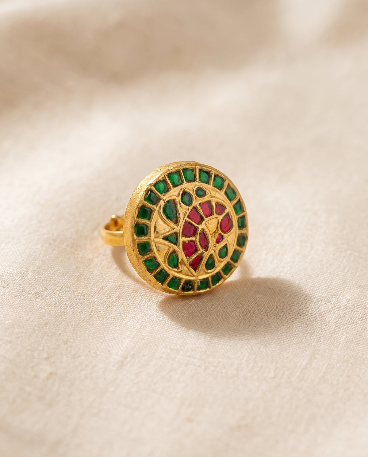 Handcrafted 22kt Gold Peacock Adjustable Ring with Certified Syndicate Polki in Peacock Motif Thapa Work