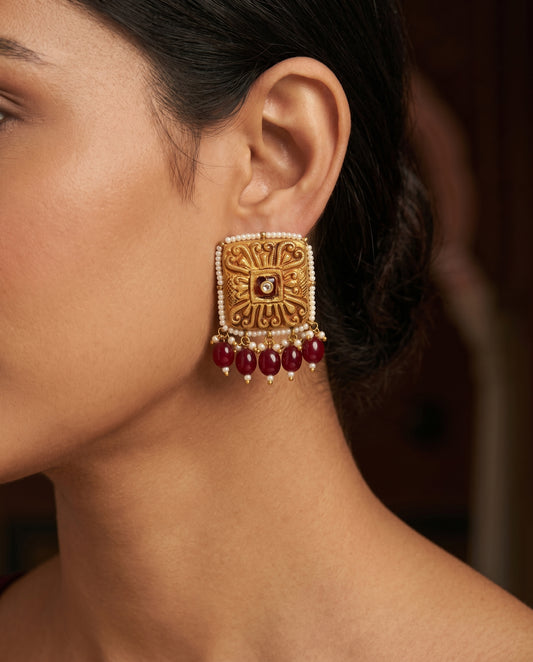 Handcrafted 22kt Gold Square Temple Earrings with Certified Syndicate Polki in Temple Motif Thapa Work