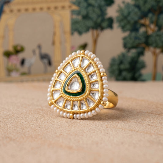 Handcrafted 22kt Gold Triangle Ring with Certified Syndicate Polki in Geometric Thapa Work