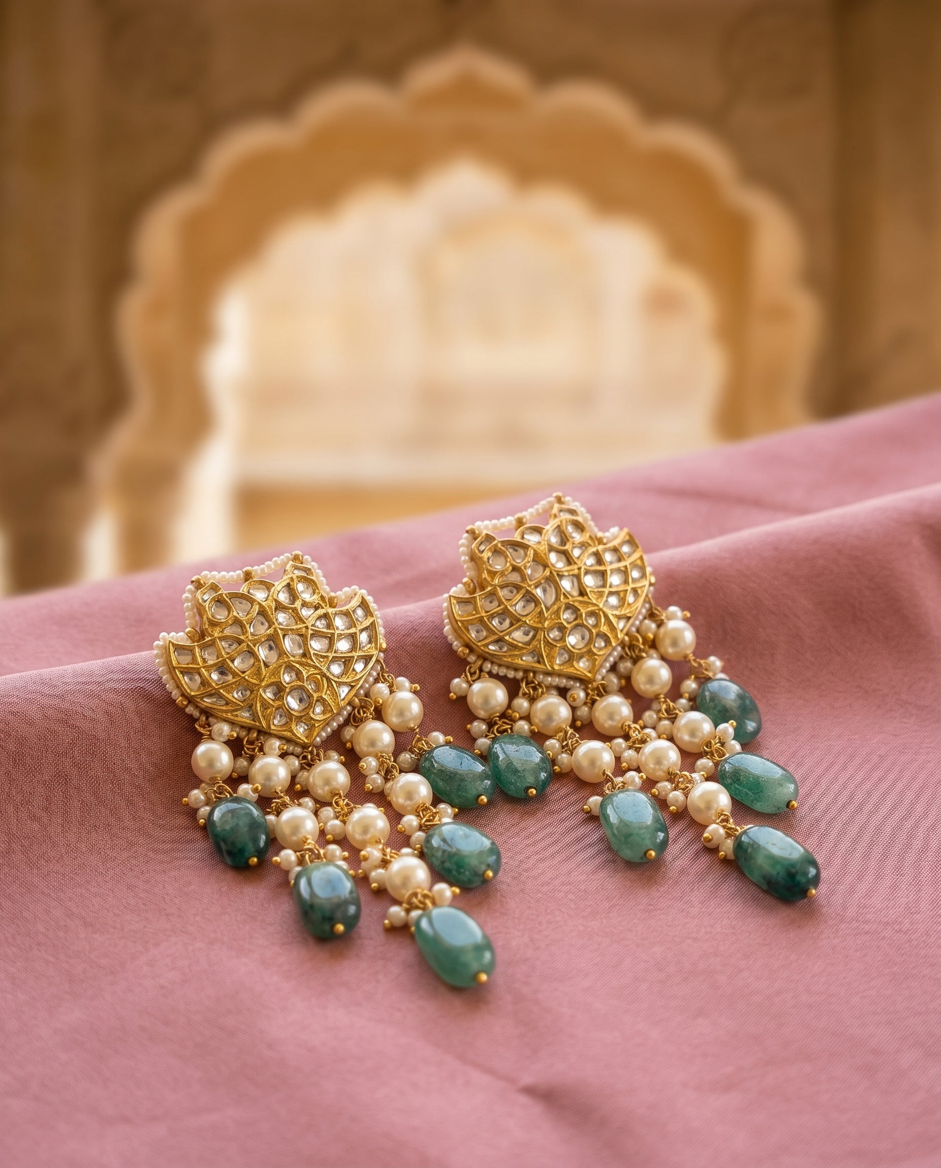 Jharoka Flower dangler earrings green | Vama Gears