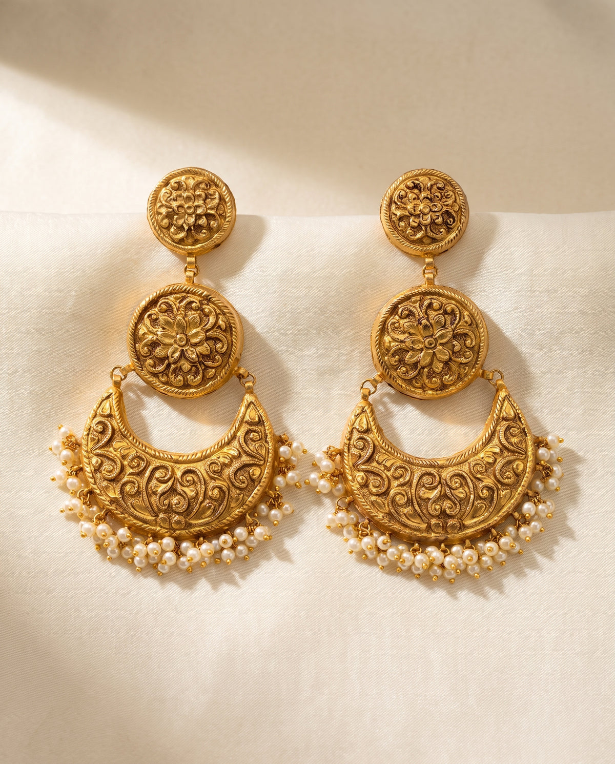 Handcrafted 22kt 916 Hallmarked Gold Chandbali Jhumkas in All Gold Crescent Jhumki Lightweight Gold Sheet Work