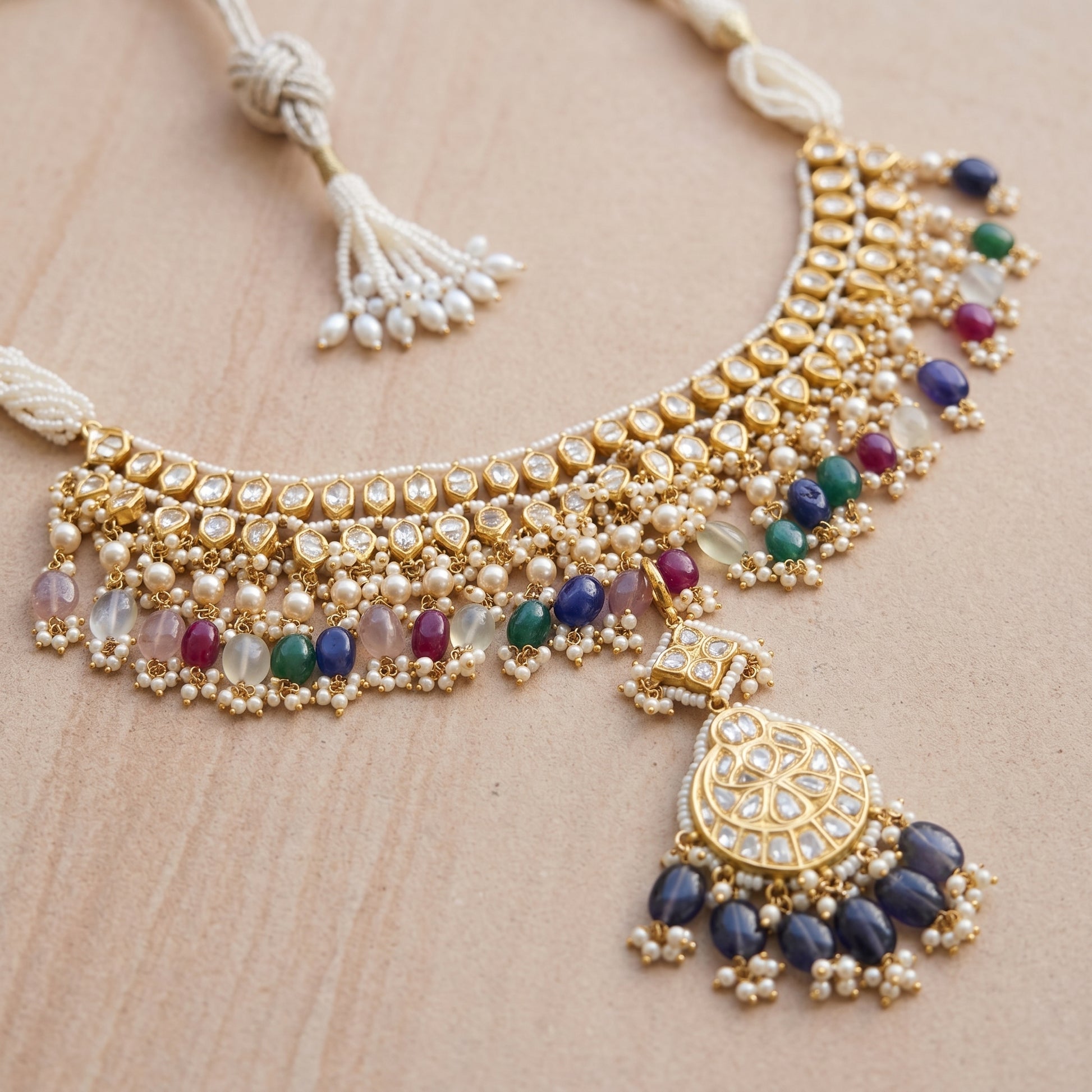 Handcrafted 22kt Gold Double Line Necklace with 8 Carat Certified Syndicate Polki in Two-Row Thapa Work Design