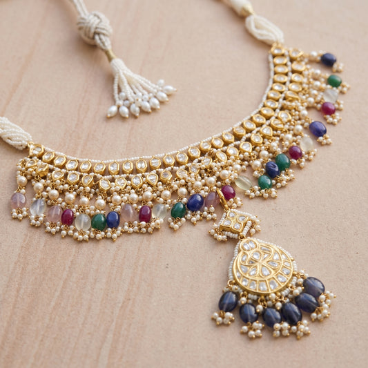 Handcrafted 22kt Gold Double Line Necklace with 8 Carat Certified Syndicate Polki in Two-Row Thapa Work Design