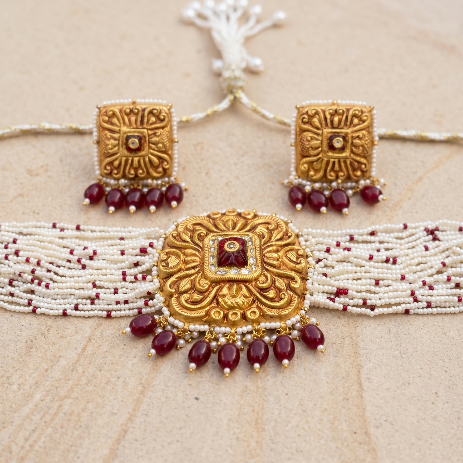 Handcrafted 22kt Gold Square Temple Choker Set with 2 Carat Certified Syndicate Polki in Temple Motif Thapa Work