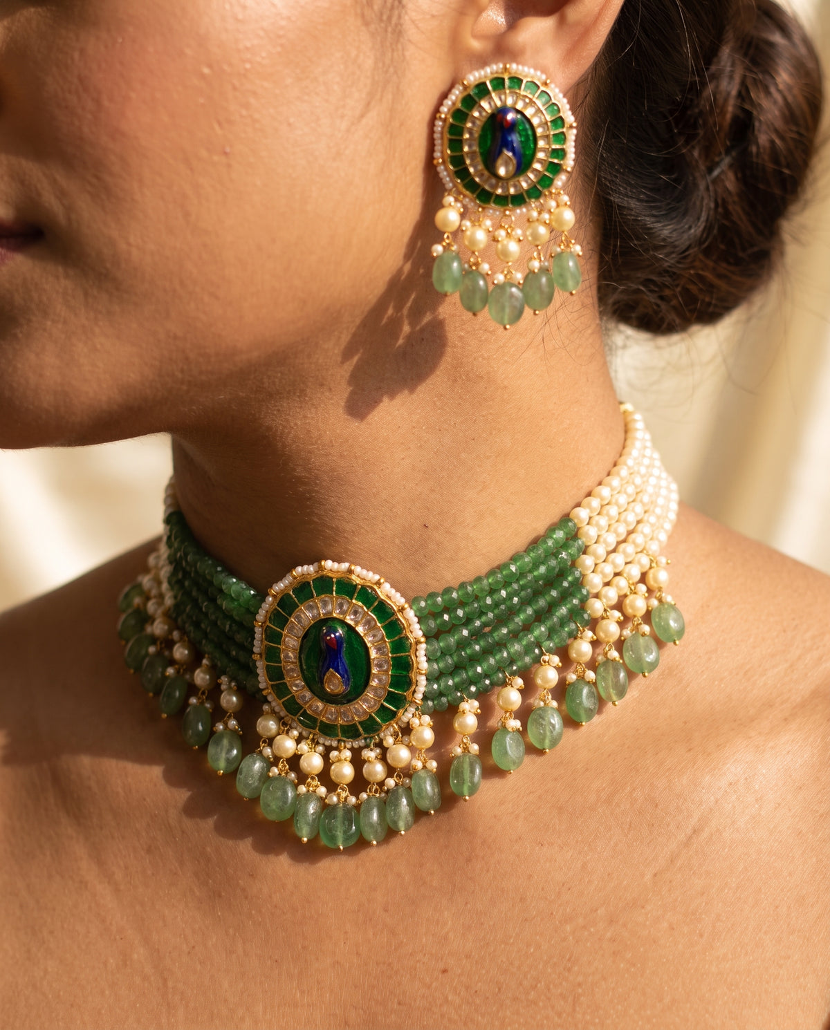 Handcrafted 22kt Gold Meenakari Peacock Choker Set with 6 Carat Certified Syndicate Polki and Meenakari Enamel in Peacock Motif Thapa Work