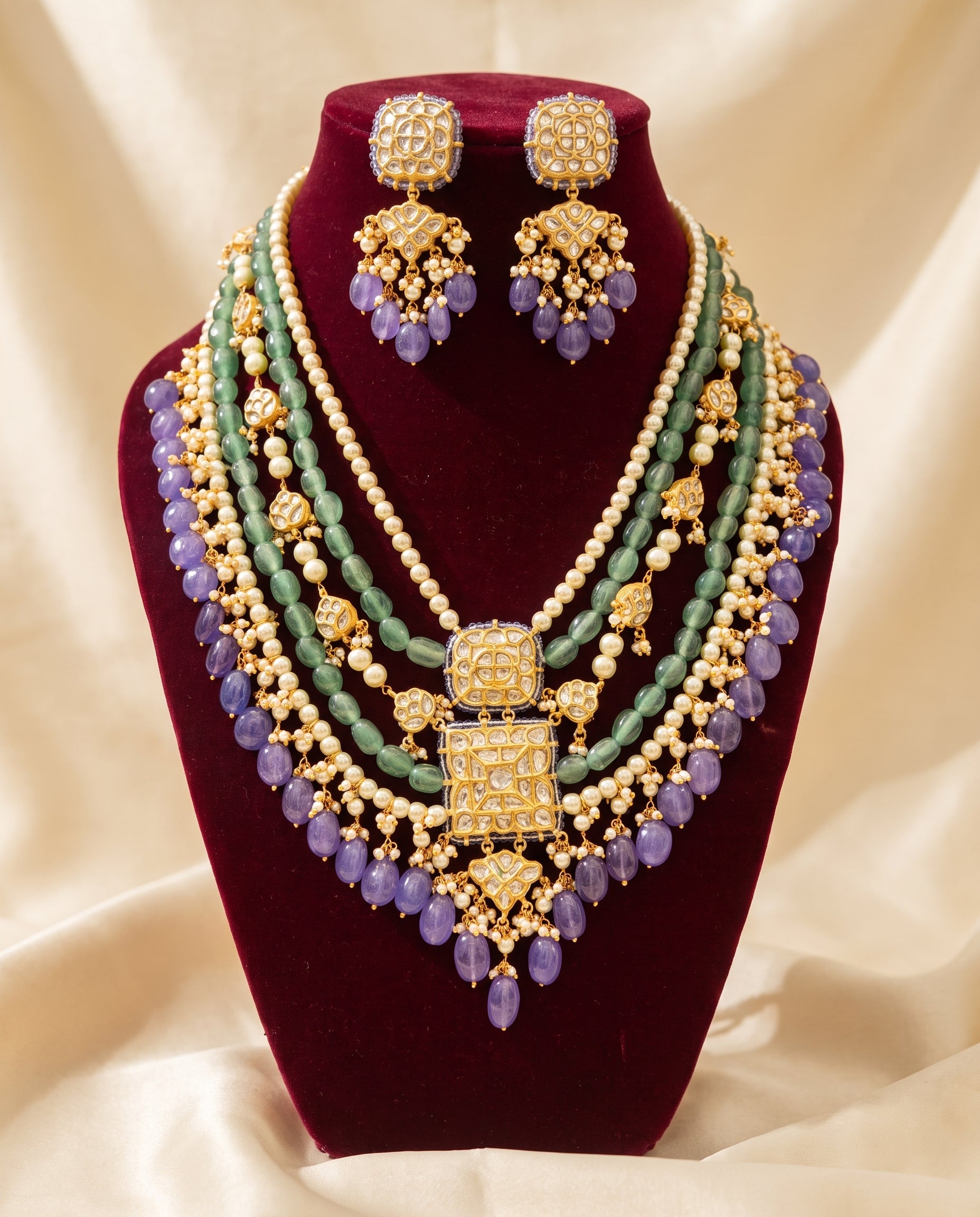 Handcrafted 22kt Gold Jakarti 5 Lad Five Strand Set with 10 Carat Certified Syndicate Polki in Thapa Work