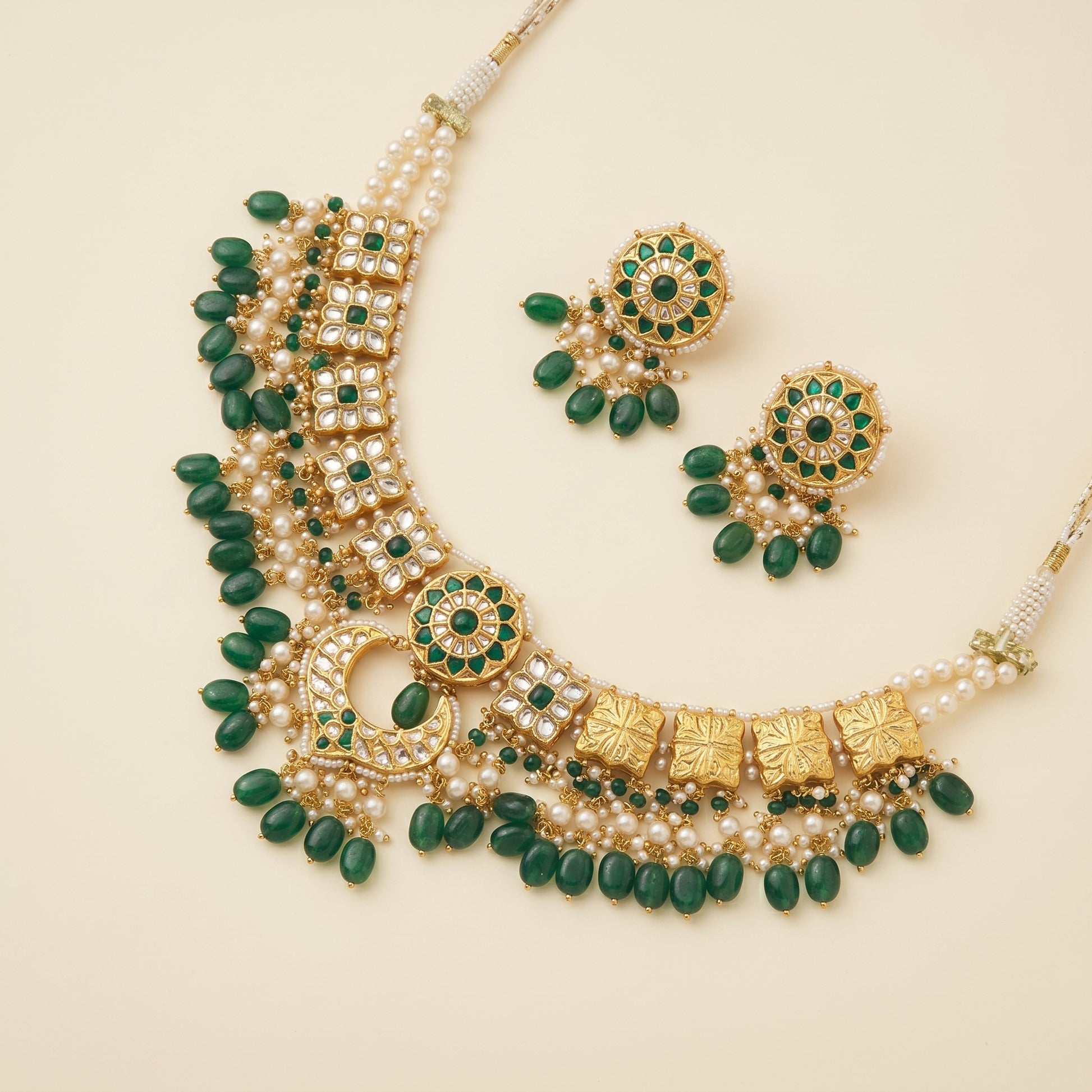 Handcrafted 22kt Gold Green Emerald Set with 5 Carat Certified Syndicate Polki and Emerald Green Semi Precious Stones in Thapa Work