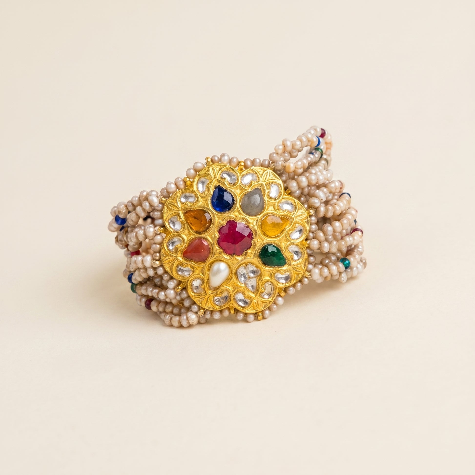 Handcrafted 22kt Gold Navratan Bracelet with 2 Carat Certified Syndicate Polki and Multi-Colour Semi Precious Stones in Thapa Work