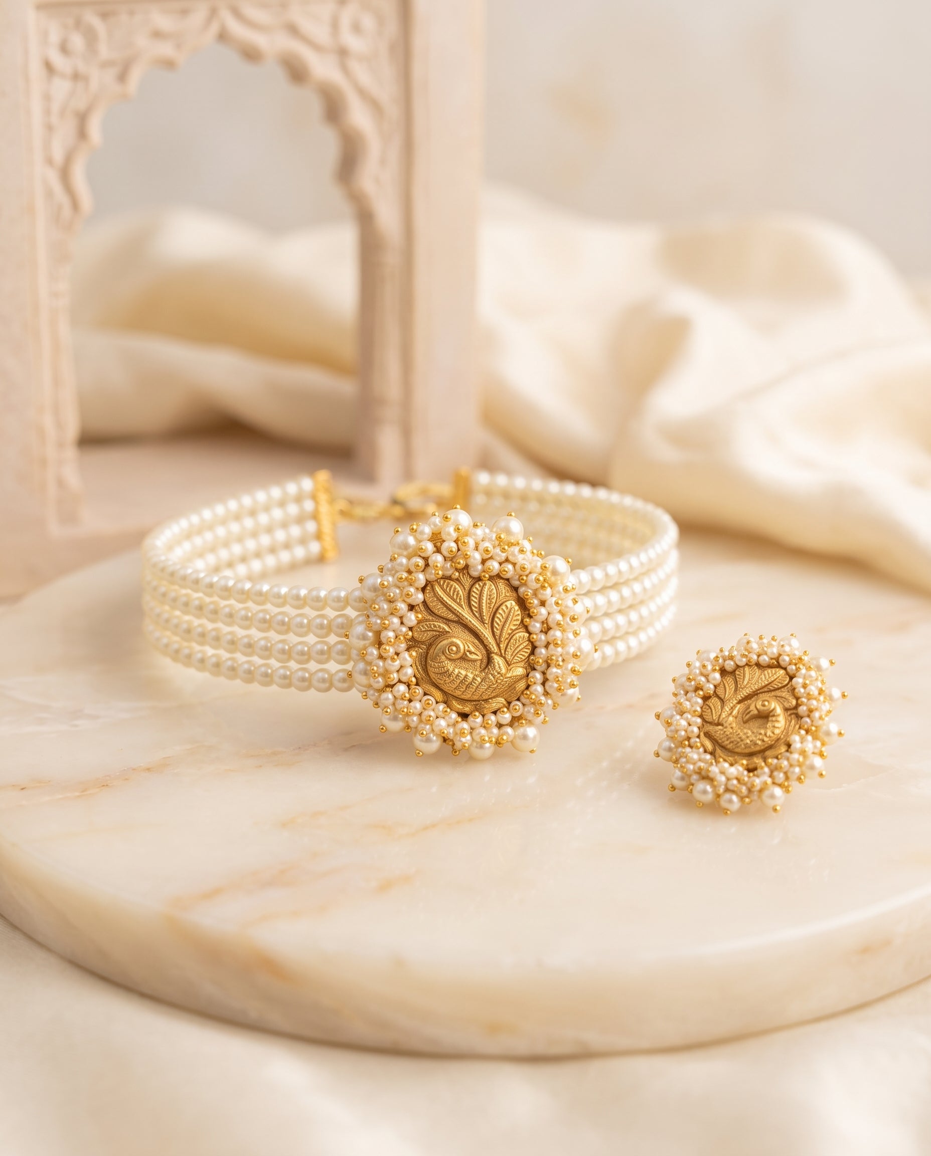 Handcrafted 22kt 916 Hallmarked Gold Peacock Pearl Choker Set with Matching Earrings Peacock Motifs and Pearls in Thapa Work