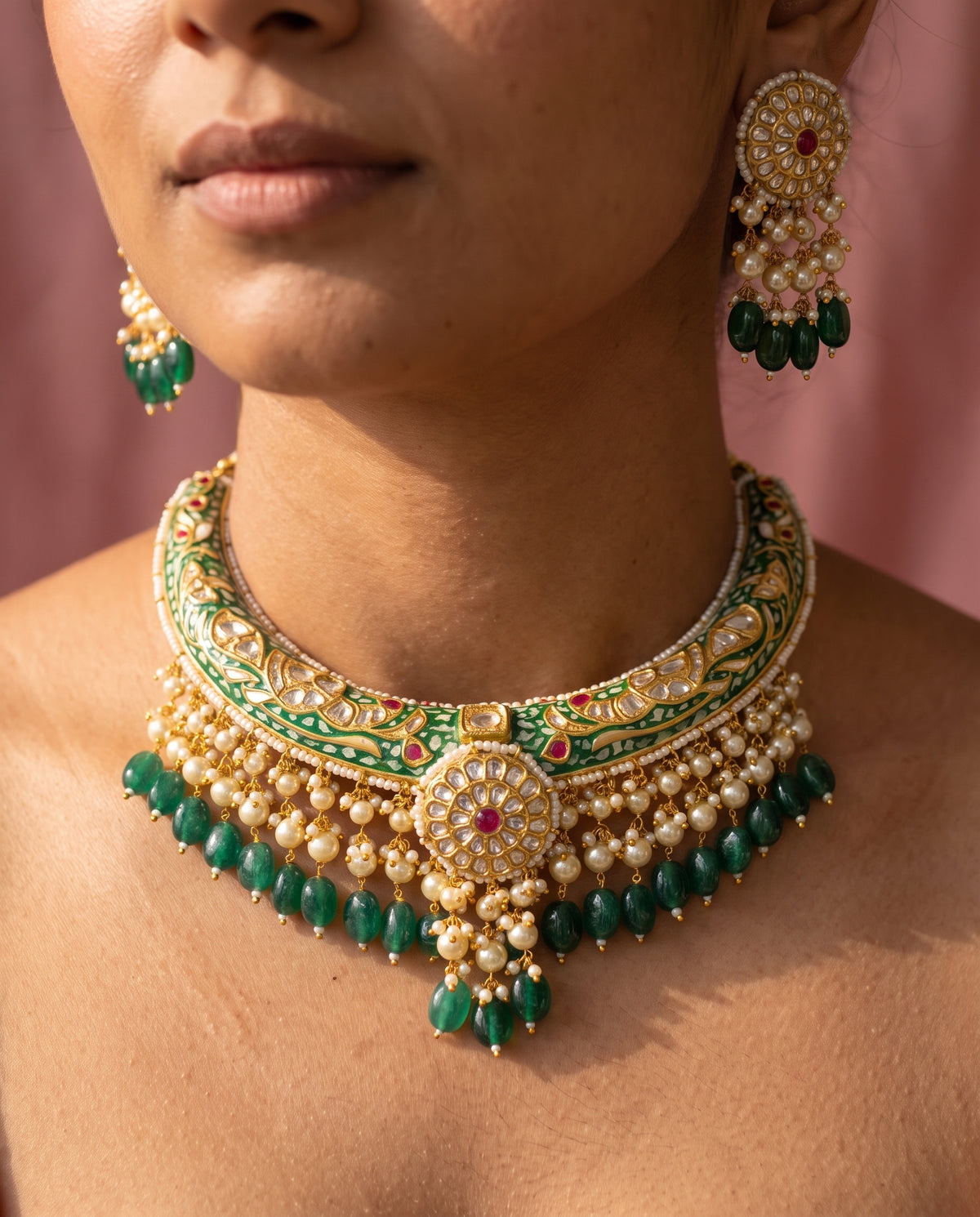 Handcrafted 22kt Gold Green Meenakari Hasli Rigid Collar with 5 Carat Certified Syndicate Polki and Green Meenakari Enamel in Thapa Work
