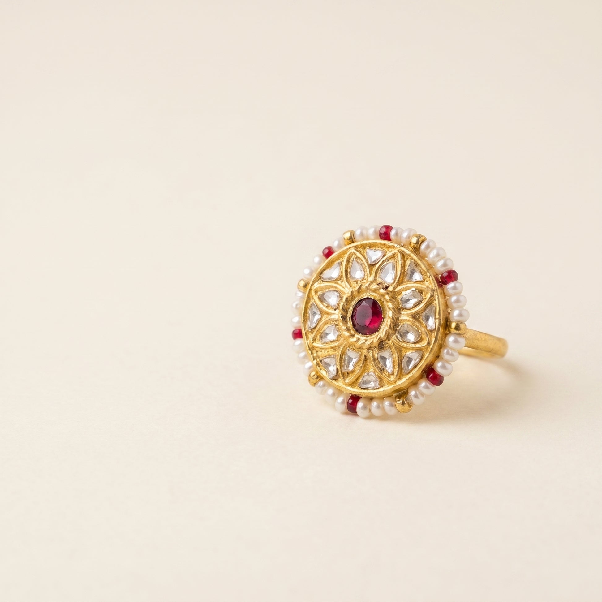 Jharoka Round red stone ring | Vama Gears