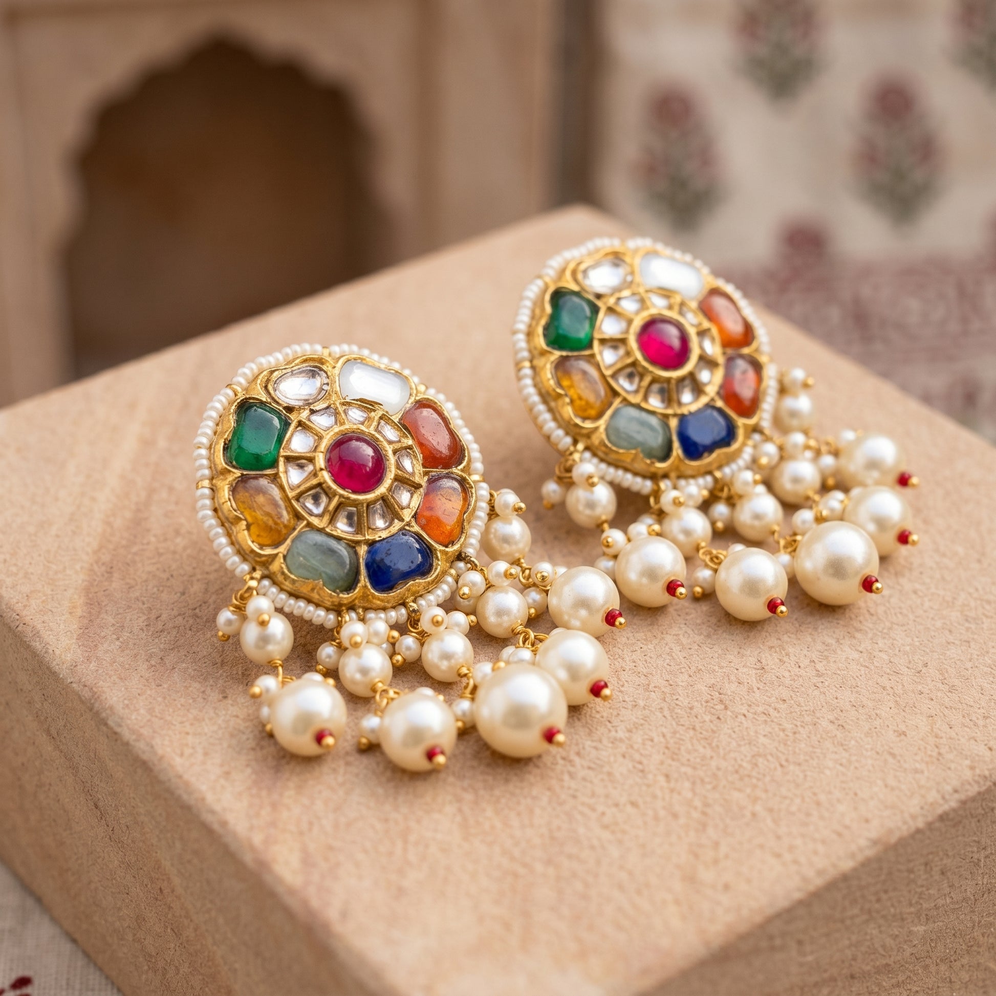 Handcrafted 22kt Gold Big Navratan Studs with 4 Carat Certified Syndicate Polki and Multi-Colour Semi Precious Stones in Thapa Work