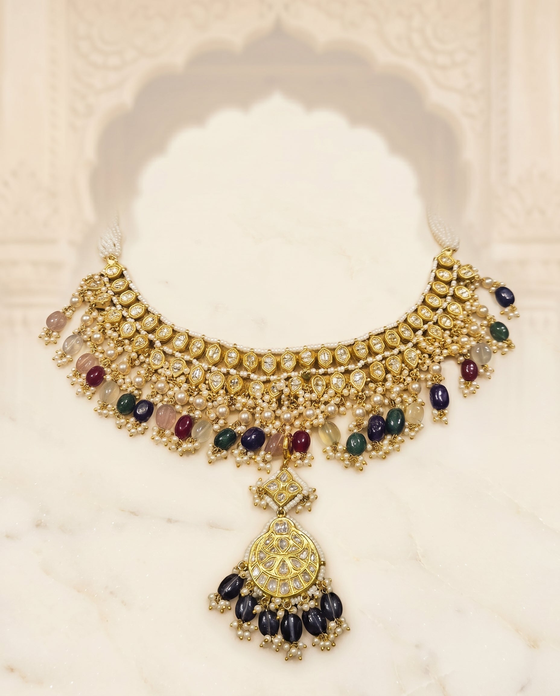 Handcrafted 22kt Gold Double Line Necklace with 8 Carat Certified Syndicate Polki in Two-Row Thapa Work Design