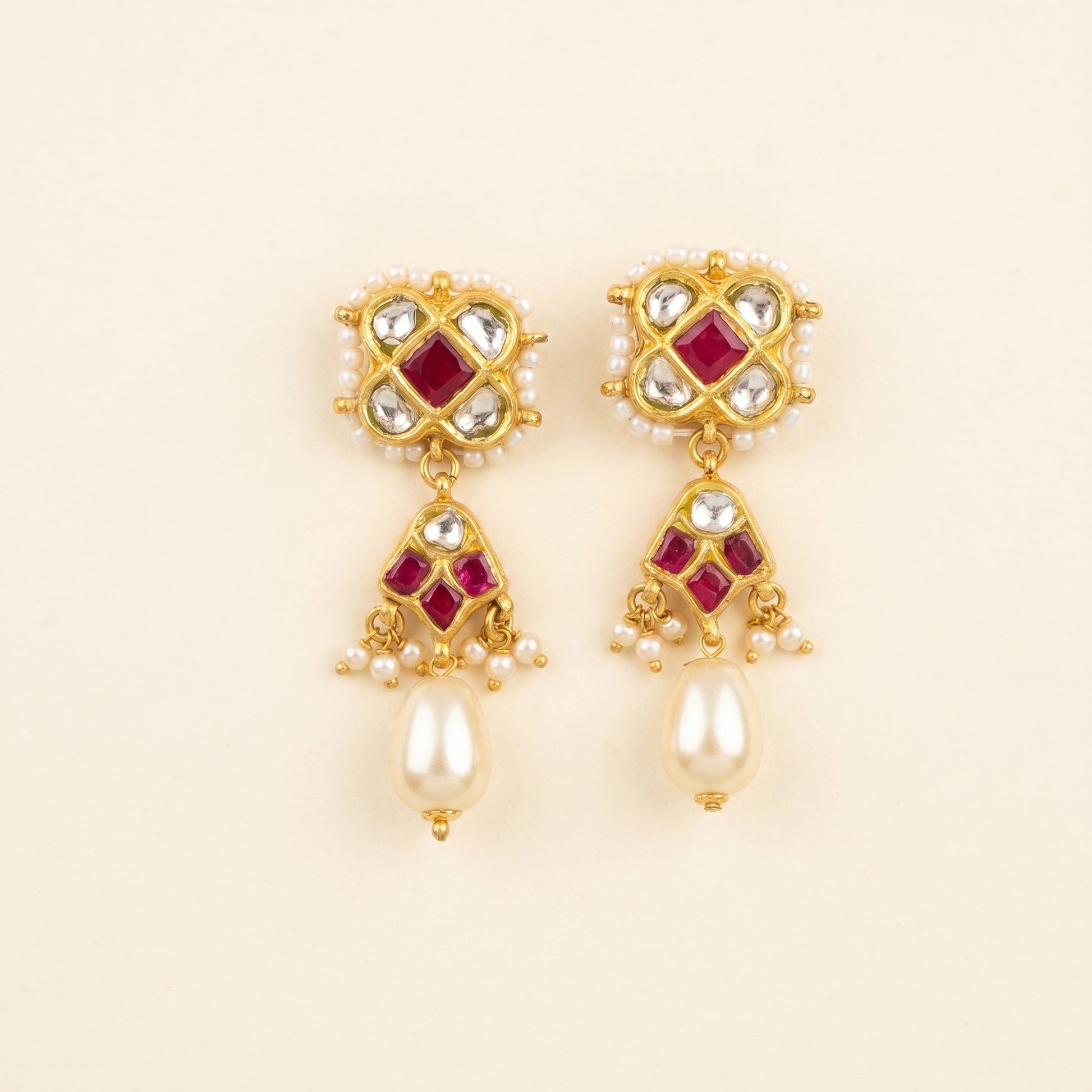 Handcrafted 22kt Gold Red Chowfully Trifully Drop Earrings with Certified Syndicate Polki and Red Semi Precious Stones in Floral Cluster Thapa Work