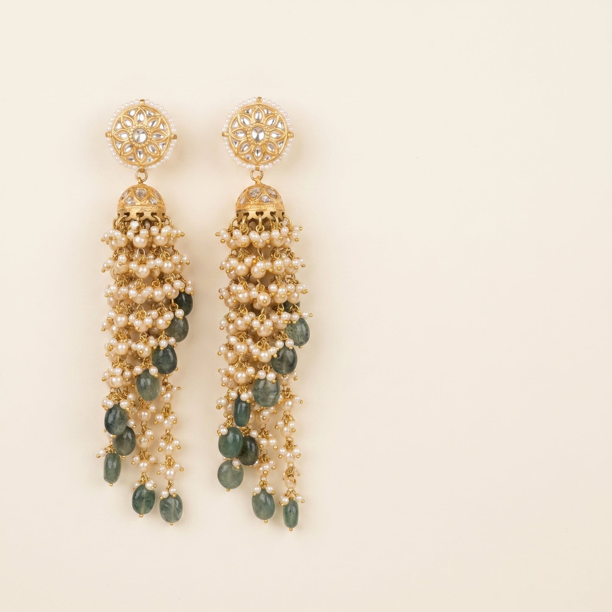 Jharoka Green waterfall long jhumkis | Vama Gears