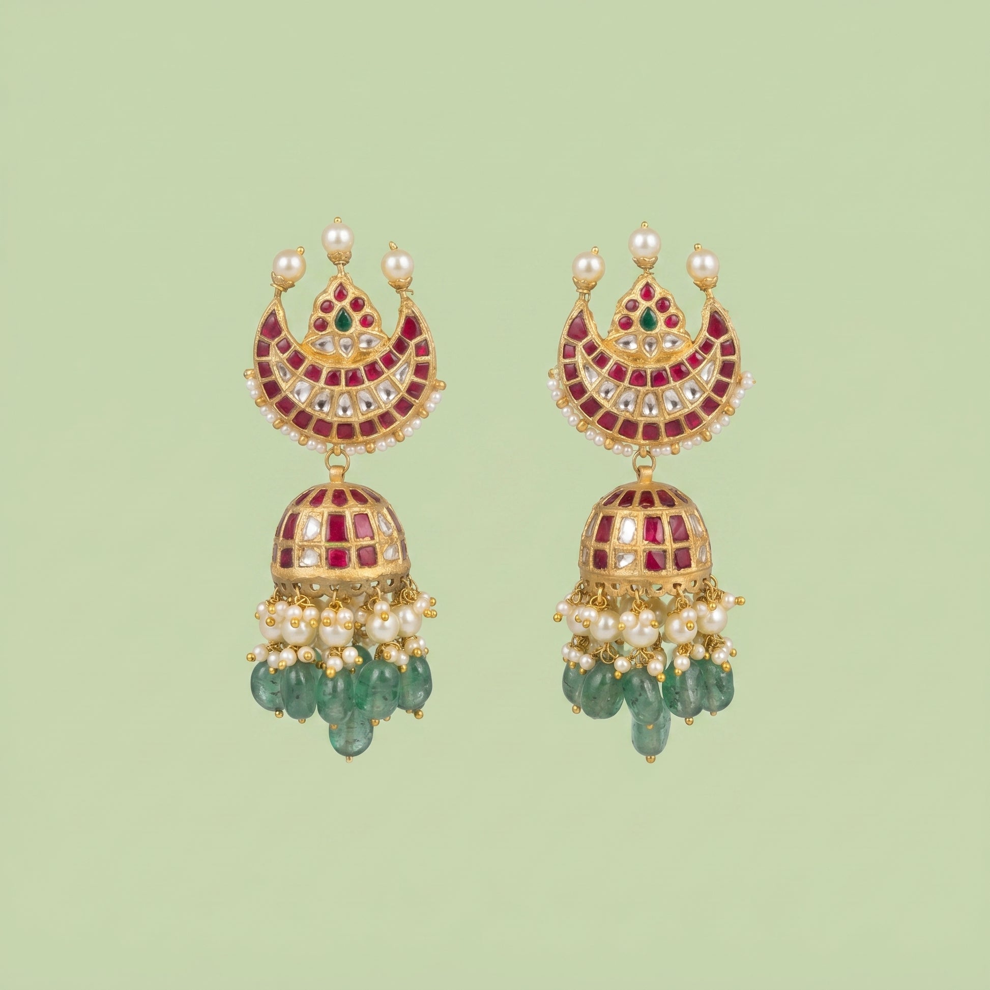 Handcrafted 22kt Gold Chand Jhumkas with Crescent Moon Top 4 Carat Certified Syndicate Polki in Thapa Work