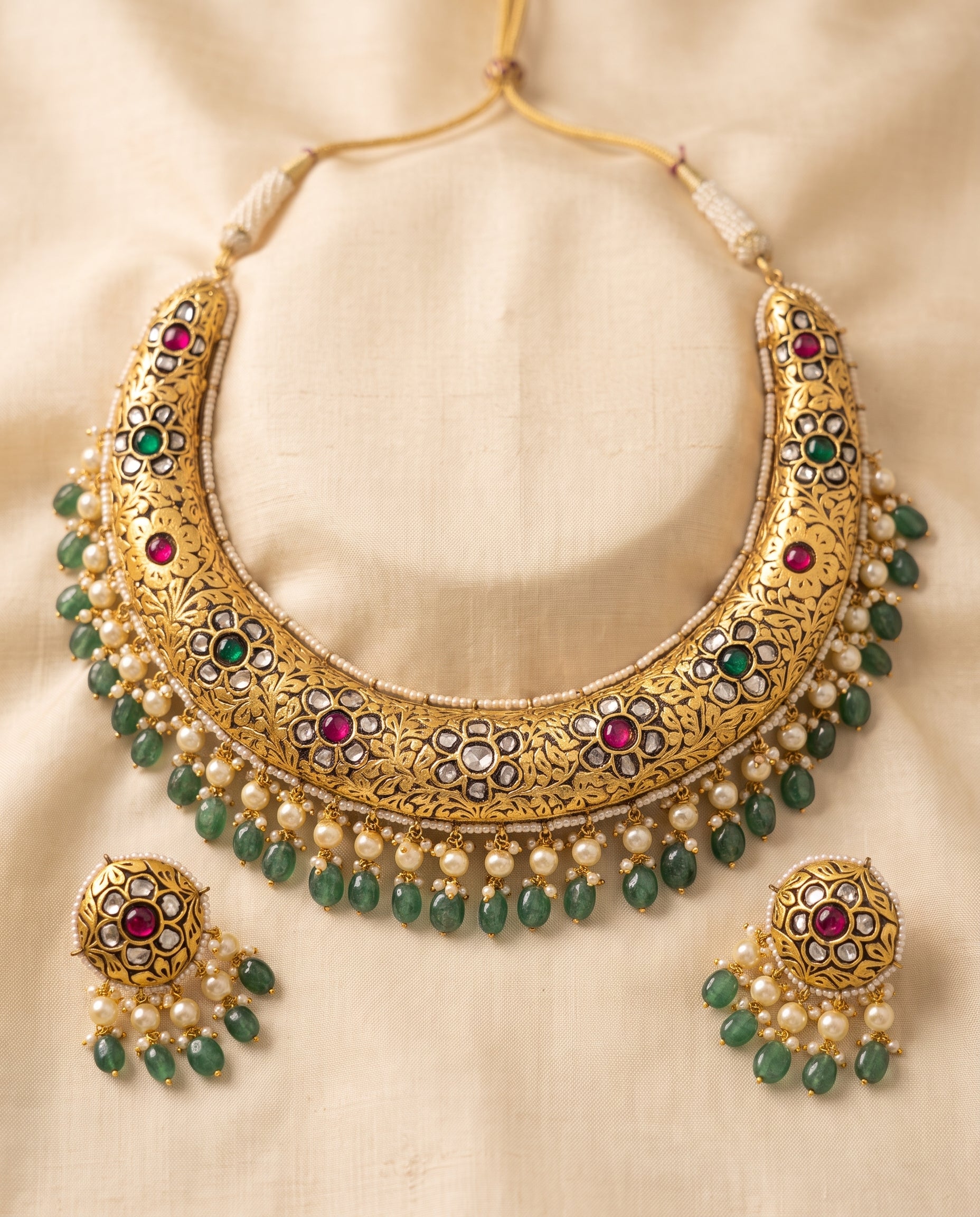 Handcrafted 22kt Gold Prataj Hasli Rigid Collar Necklace with 6 Carat Certified Syndicate Polki in Thapa Work