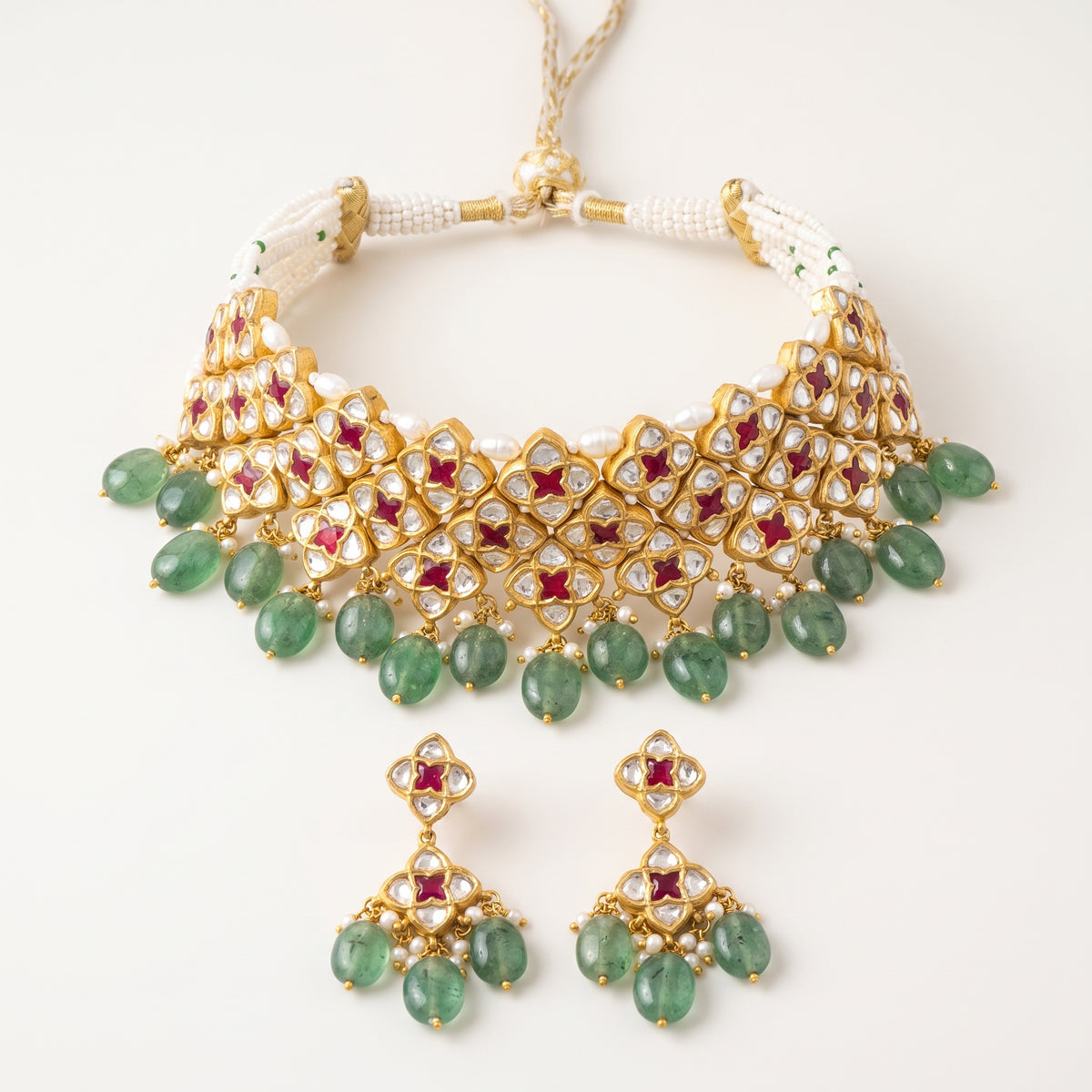 Handcrafted 22kt Gold Star Ruby Choker Set with 18 Carat Certified Syndicate Polki and Ruby Red Semi Precious Stones in Star Motif Thapa Work