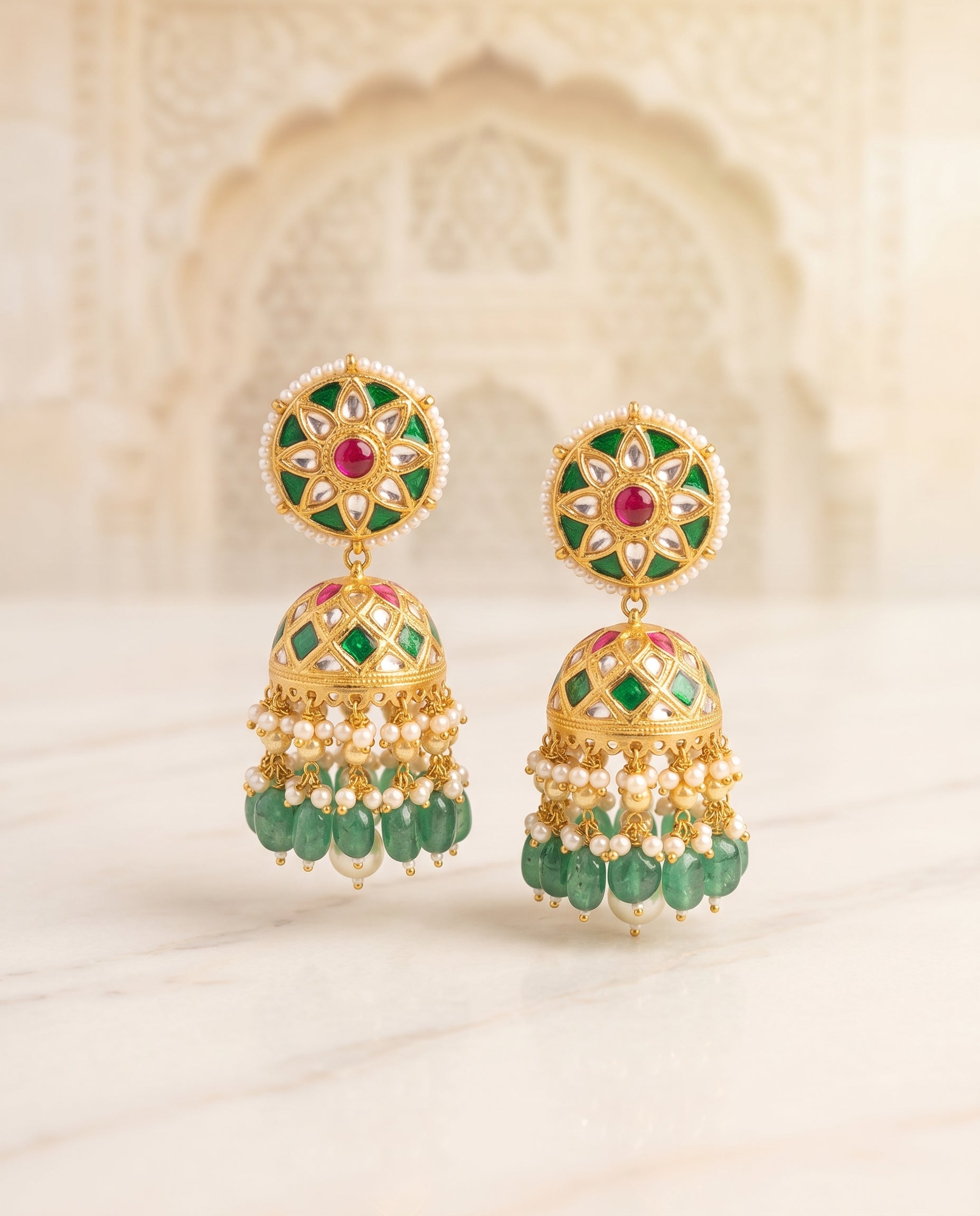 Handcrafted 22kt Gold Green Drop Jhumkis with 2 Carat Certified Syndicate Polki and Green Semi Precious Stone Drops in Thapa Work