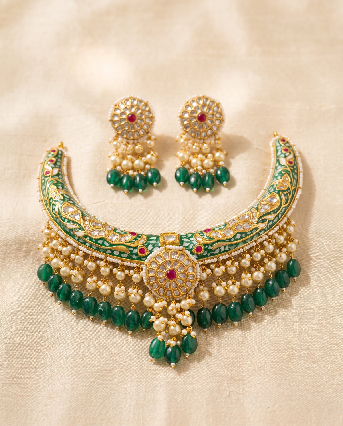 Handcrafted 22kt Gold Green Meenakari Hasli Rigid Collar with 5 Carat Certified Syndicate Polki and Green Meenakari Enamel in Thapa Work