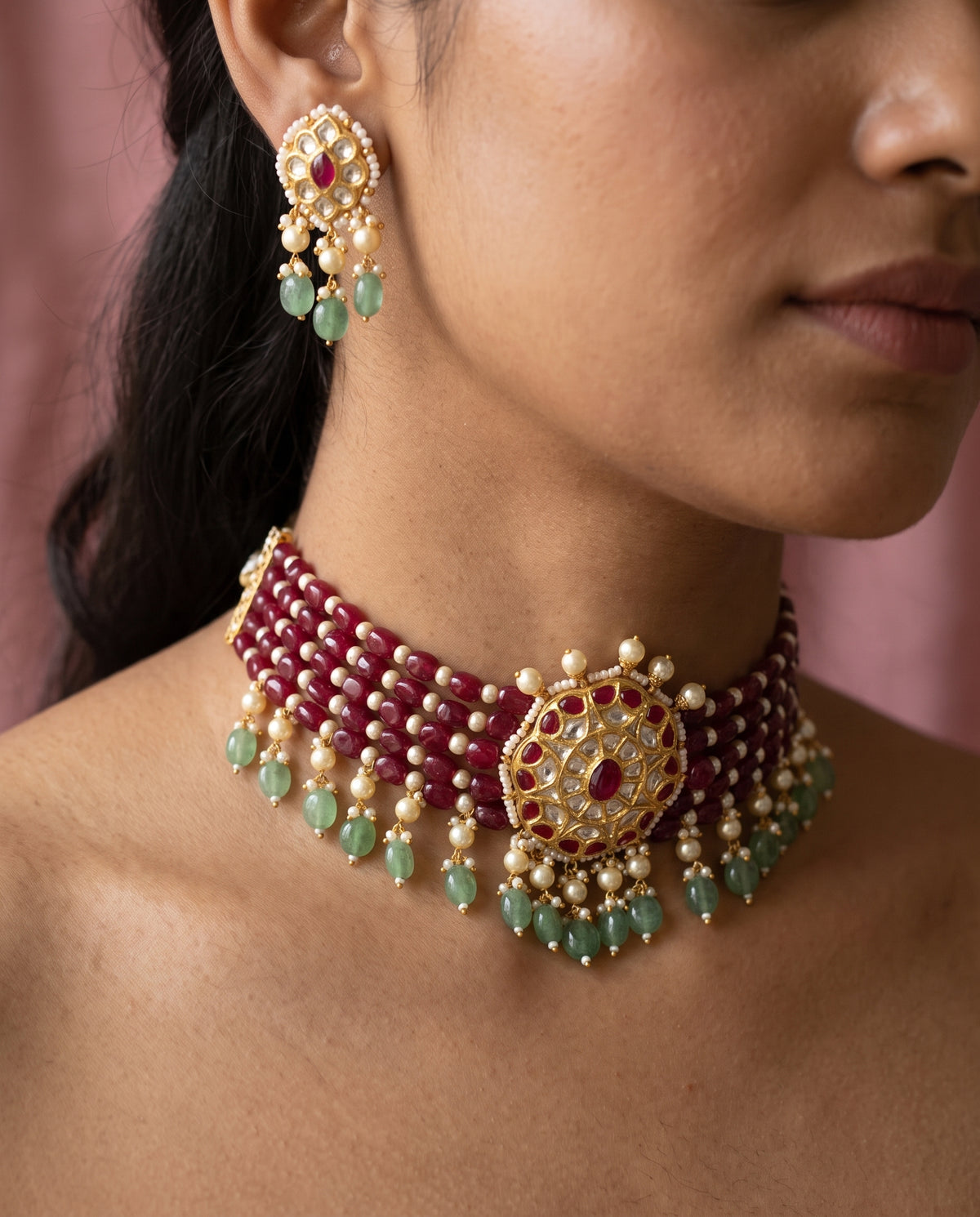 Handcrafted 22kt Gold Raj Meera Choker Set with 6 Carat Certified Syndicate Polki in Thapa Work