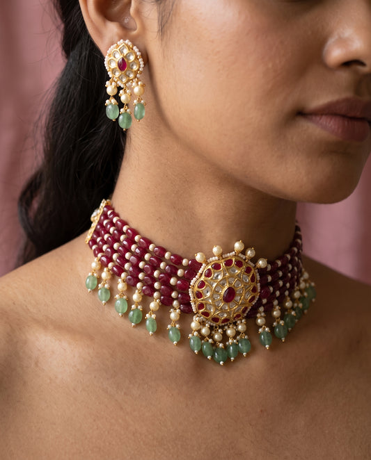 Handcrafted 22kt Gold Raj Meera Choker Set with 6 Carat Certified Syndicate Polki in Thapa Work