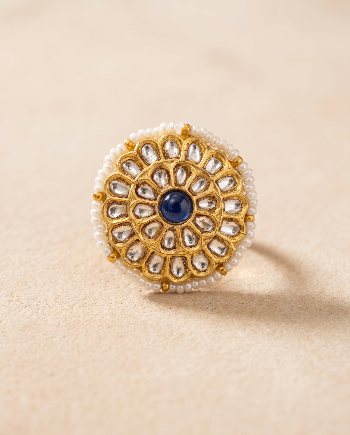 Handcrafted 22kt Gold Blue Meenakari Ring with Certified Syndicate Polki and Blue Meenakari Enamel Work in Thapa Work